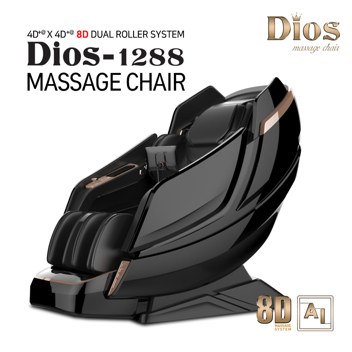 Dios Massage Chair <font color=red>8D</font> Dual Core Air Tech Touch Roller SL-track:Dios-1288 Black
