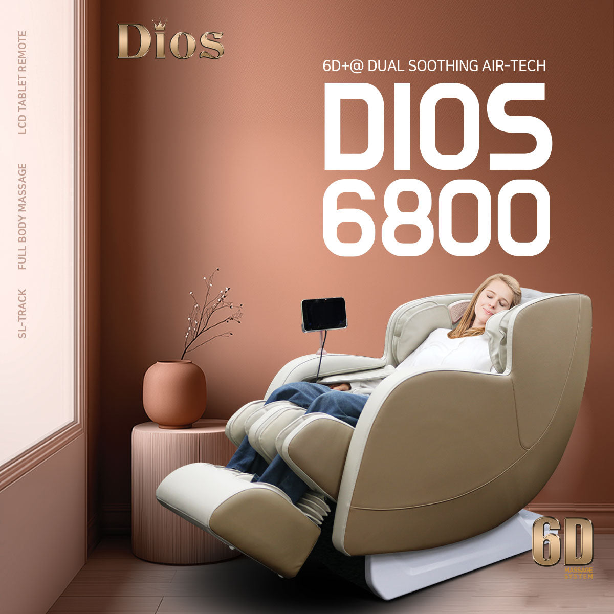 Dios Massage Chair <font color=red>6D</font> Dual Core Air Roller SL-track Dios-6800 Beige/White