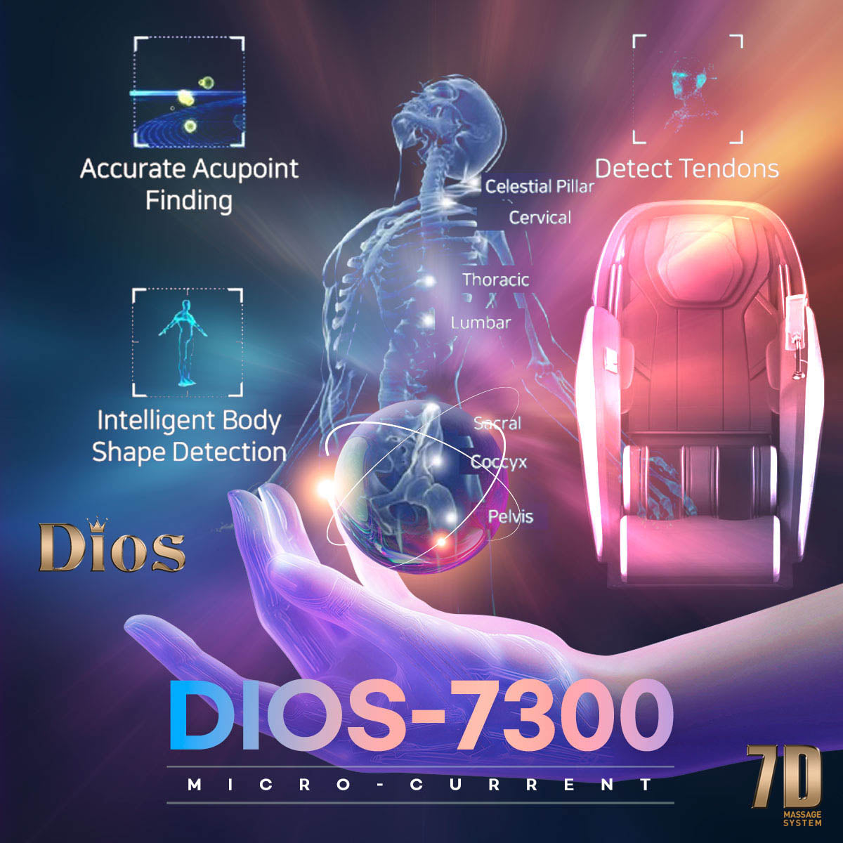Dios Massage Chair <font color=red>7D</font> Dual Core Air Roller SL-track with 3D Calf Kneading Dios-7300 Gray/Brown