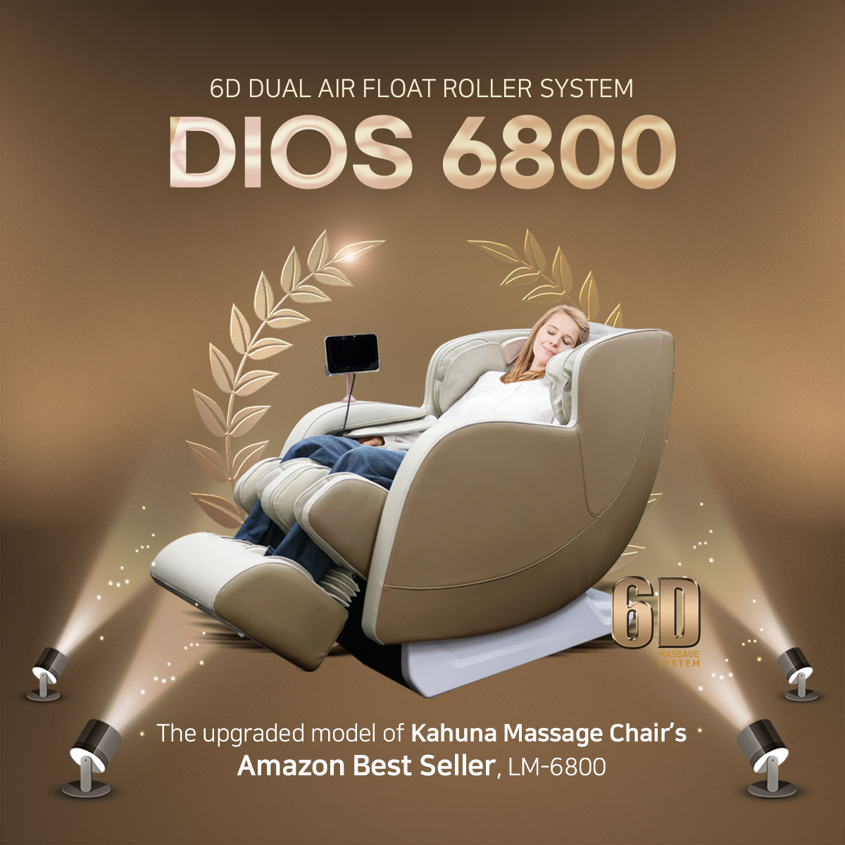 <font color=red>6D</font> Dual Core (3D+3D) Roller, Air Float System, Upgraded Kahuna LM6800, 50" SL-Track Full Body Zero Gravity Recliner, Bluetooth, Heat Therapy Beige/White