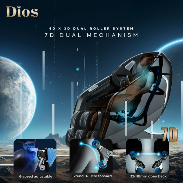 Dios Massage Chair <font color=red>7D</font> Dual Core Air Roller SL-track with 3D Calf Kneading Dios-7300 Gray/Brown